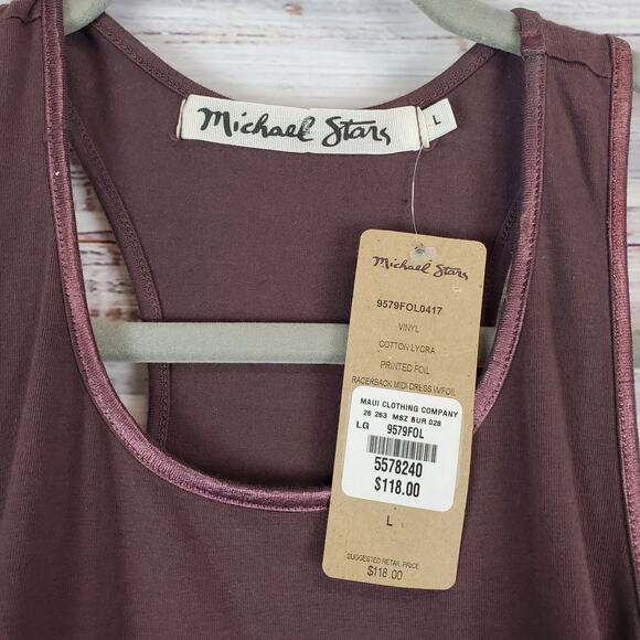 Michael Stars Midi Dress L Burgundy Foil Trim Racerback Ruched Beachy Vaca NWT - Picture 7 of 12
